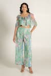 Buy_AROOP SHOP INDIA_Green Recycled Chiffon Printed Fern Floral V Adira Ruffe Top And Pant Co-ord Set _at_Aza_Fashions