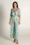 AROOP SHOP INDIA_Green Recycled Chiffon Printed Fern Floral V Adira Ruffe Top And Pant Co-ord Set _at_Aza_Fashions