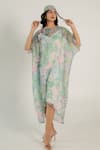 Buy_AROOP SHOP INDIA_Green Recycled Chiffon Printed Fern Floral Boat Callie Kaftan Dress _at_Aza_Fashions