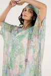 Shop_AROOP SHOP INDIA_Green Recycled Chiffon Printed Fern Floral Boat Callie Kaftan Dress _Online_at_Aza_Fashions