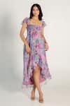 Buy_AROOP SHOP INDIA_Purple Recycled Chiffon Printed Fay Floral Sweetheart Lana Smocked Dress _at_Aza_Fashions