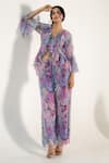 Buy_AROOP SHOP INDIA_Purple Recycled Chiffon Printed Fay Floral V Neck Doris Top And Pant Co-ord Set _at_Aza_Fashions