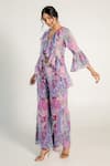 AROOP SHOP INDIA_Purple Recycled Chiffon Printed Fay Floral V Neck Doris Top And Pant Co-ord Set _Online_at_Aza_Fashions