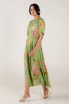 AROOP SHOP INDIA_Green Modal Satin Printed Rene Floral Round Moana Pleated Dress _Online_at_Aza_Fashions