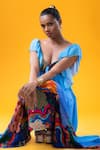 KHUSHBOO HARAN BORKAR_Blue Crepe Printed Japanese Scenic Sweetheart Skirt With Ruffle Top _at_Aza_Fashions