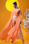 Buy_KHUSHBOO HARAN BORKAR_Orange Pant Crepe Printed Abstract Wave One Side Draped Top With  _at_Aza_Fashions