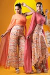 KHUSHBOO HARAN BORKAR_Orange Pant Crepe Printed Abstract Wave One Side Draped Top With  _Online_at_Aza_Fashions