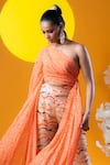 KHUSHBOO HARAN BORKAR_Orange Pant Crepe Printed Abstract Wave One Side Draped Top With  _at_Aza_Fashions