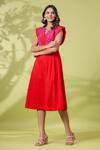 Buy_k-anshika_Red Cotton Embroidered Resham Thread V Neck Yoke Dress _at_Aza_Fashions