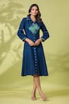 Buy_k-anshika_Blue Cotton Embroidered Resham Thread Collar Dress _at_Aza_Fashions