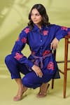 Buy_k-anshika_Blue Cotton Embroidered Resham Thread Collar Shirt And Pant Set 