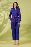 Buy_k-anshika_Blue Cotton Embroidered Resham Thread Collar Shirt And Pant Set _at_Aza_Fashions