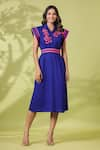 k-anshika_Blue Cotton Embroidered Resham Thread Collar Dress With Belt _Online_at_Aza_Fashions