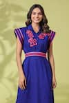 Buy_k-anshika_Blue Cotton Embroidered Resham Thread Collar Dress With Belt _Online_at_Aza_Fashions