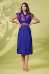 Buy_k-anshika_Blue Cotton Embroidered Resham Thread Collar Dress With Belt _at_Aza_Fashions