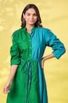 Buy_k-anshika_Green Cotton Embroidered Resham Thread Band Collar Asymmetrical Dress With Belt _Online_at_Aza_Fashions