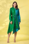 Buy_k-anshika_Green Cotton Embroidered Resham Thread Band Collar Asymmetrical Dress With Belt _at_Aza_Fashions