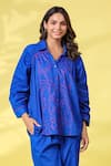 k-anshika_Blue Cotton Embroidered Resham Thread Collar Shirt And Pant Set _Online_at_Aza_Fashions