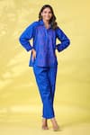 Buy_k-anshika_Blue Cotton Embroidered Resham Thread Collar Shirt And Pant Set _Online_at_Aza_Fashions