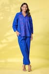 Buy_k-anshika_Blue Cotton Embroidered Resham Thread Collar Shirt And Pant Set _at_Aza_Fashions