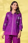 k-anshika_Purple Cotton Embroidered Resham Thread Collar Work Top And Pant Set _Online_at_Aza_Fashions