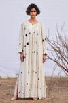 Buy_Kharakapas_Off White Cotton Mul Print Polka Dot Round Neck Luna Lilly Dress  _Online_at_Aza_Fashions