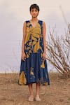 Buy_Kharakapas_Blue Cotton Mul Print Abstract Floral V Neck Sharbat Dress _Online_at_Aza_Fashions