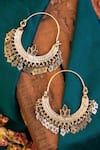 Shop_Mero Jewellery_Silver Plated Floral Tasselled Chandbali Hoops _at_Aza_Fashions