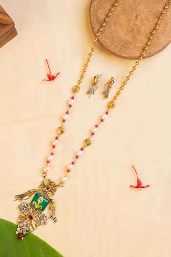 Buy_Mero Jewellery_Silver Plated Beads, Diamonds Two-tone Kundan Work Long Necklace Set _at_Aza_Fashions