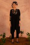 Buy_Aamra By Lavanya_Black Crape Hand Embroidery Mirror Notched Painted Kaftan With Pant  _at_Aza_Fashions