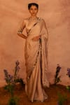 Buy_AAMRA BY LAVANYA_Beige Satin Hand Embroidery Pearl Petter Stripe Saree With Blouse  _at_Aza_Fashions