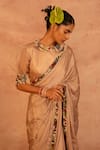 Shop_AAMRA BY LAVANYA_Beige Satin Hand Embroidery Pearl Petter Stripe Saree With Blouse  _at_Aza_Fashions