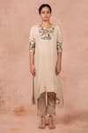 Shop_AAMRA BY LAVANYA_Ivory Crape Hand Embroidery Kalamkari Notched Painted Kaftan With Pant  