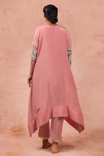 Shop_Aamra By Lavanya_Pink Cotton Satin, Crepe Kalamkari Hand Painted Asymmetric Kaftan With Pant _at_Aza_Fashions