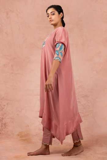 Shop_Aamra By Lavanya_Pink Cotton Satin, Crepe Kalamkari Hand Painted Asymmetric Kaftan With Pant _Online_at_Aza_Fashions