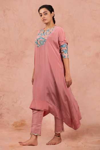 Aamra By Lavanya_Pink Cotton Satin, Crepe Kalamkari Hand Painted Asymmetric Kaftan With Pant _at_Aza_Fashions
