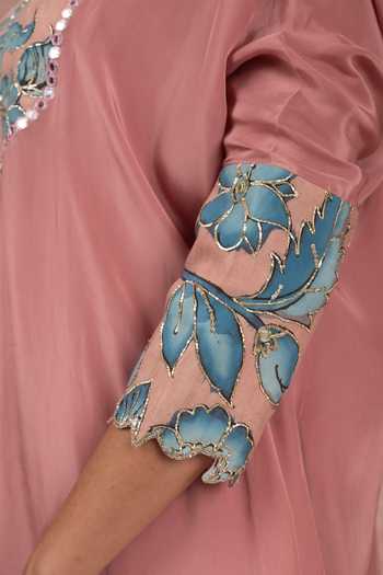 Buy_Aamra By Lavanya_Pink Cotton Satin, Crepe Kalamkari Hand Painted Asymmetric Kaftan With Pant 