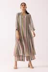 Buy_Label Shreya Sharma_Pink Crepe Stripe V-neck Patterned Kurta With Pant _at_Aza_Fashions