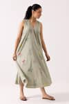 Shop_Label Shreya Sharma_Green Cotton Floral V-neck Blossom Patterned Dress _Online_at_Aza_Fashions