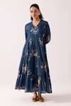 Label Shreya Sharma_Blue Cotton Floral V-neck Pattern Tiered Dress _Online_at_Aza_Fashions