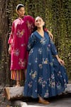 Shop_Label Shreya Sharma_Blue Cotton Floral V-neck Pattern Tiered Dress _Online_at_Aza_Fashions