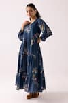 Label Shreya Sharma_Blue Cotton Floral V-neck Pattern Tiered Dress _at_Aza_Fashions