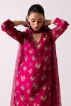 Label Shreya Sharma_Magenta Kurta And Pant Cotton Silk Print Floral V Neck Set _Online_at_Aza_Fashions