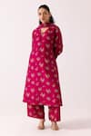 Shop_Label Shreya Sharma_Magenta Kurta And Pant Cotton Silk Print Floral V Neck Set _Online_at_Aza_Fashions