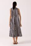 Label Shreya Sharma_Black Cotton Print Stripe V Neck A-line Dress_at_Aza_Fashions