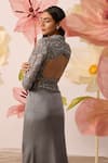 Shop_Roqa_Grey Crop Blouse Net Embroidery Nalki Aster Callista With Skirt  _at_Aza_Fashions