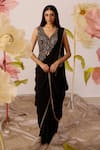 Buy_Roqa_Black Jacket Blouse Net Embroidery Camellia With Pre-draped Saree _at_Aza_Fashions