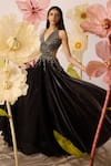 Buy_Roqa_Black Organza Embroidery Beads Plunging V Neck Daffodil Clerest Gown  _at_Aza_Fashions