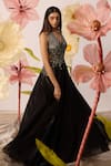 Buy_Roqa_Black Organza Embroidery Beads Plunging V Neck Daffodil Clerest Gown  _Online_at_Aza_Fashions