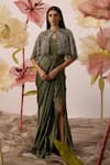 Buy_Roqa_Green Gown Modal Satin Embroidery Disa Stellar Cape With Draped  _at_Aza_Fashions